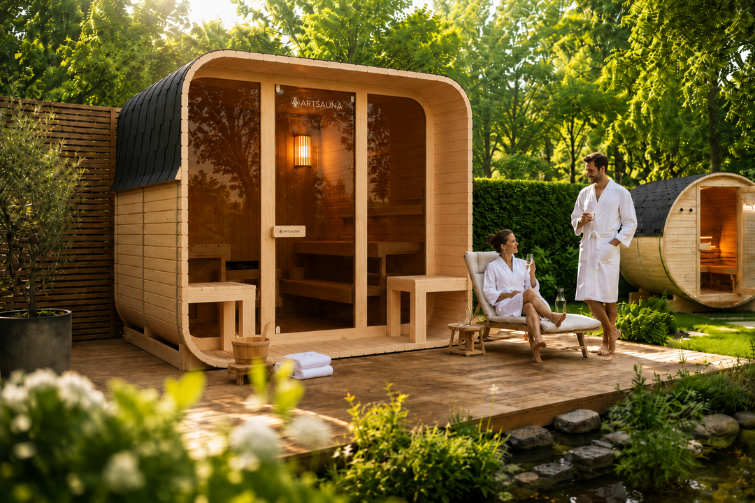 Man & vrouw in de tuin voor een Fjora XL van Artsauna
